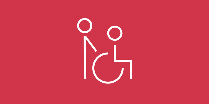 Czerwone tło. Grafik dwóch osób. Jedno pcha osobę na wózku inwalidzkim.