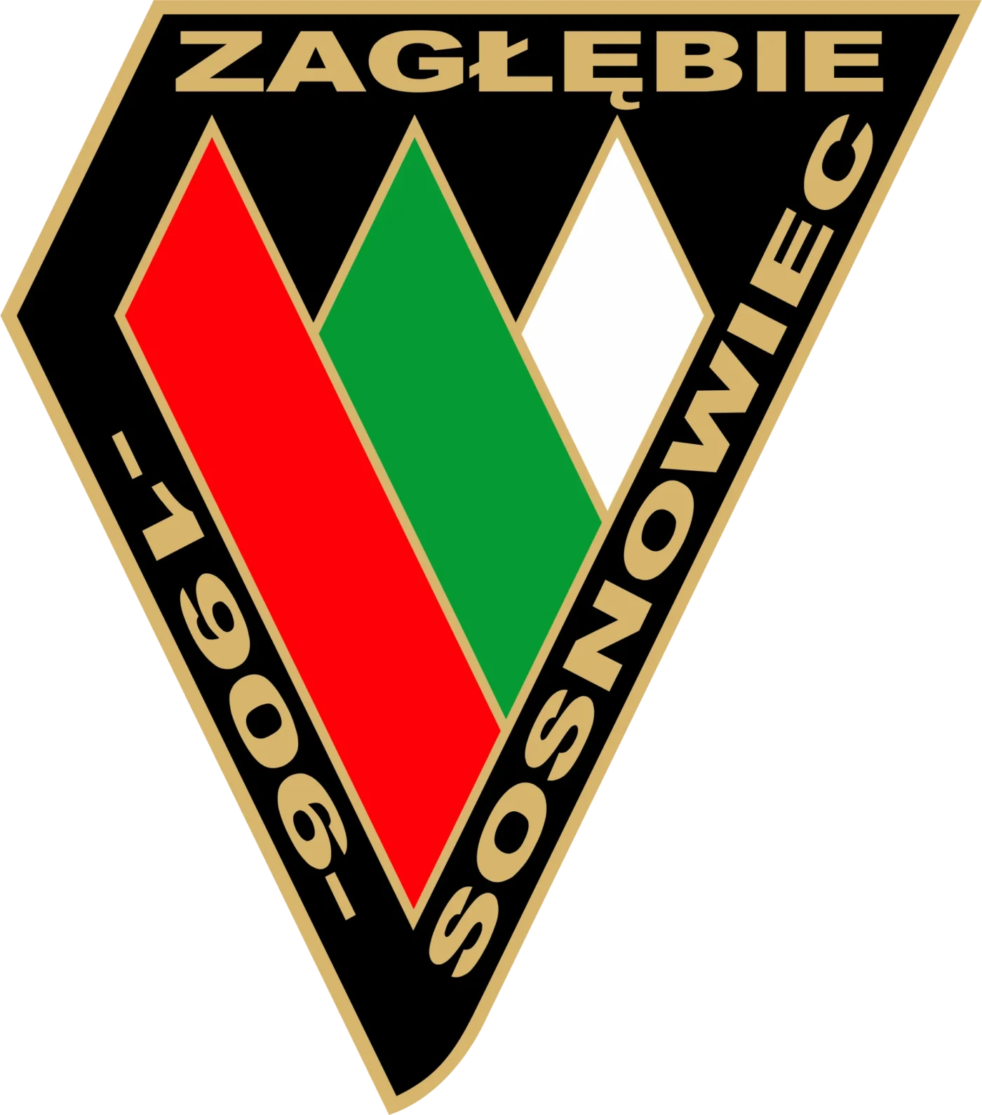 Logo klubupiłkarskiego Zagłębie Sosnowiec. Czarny trójkąt w środku trzy pasy - czerwony, zielony i biały.